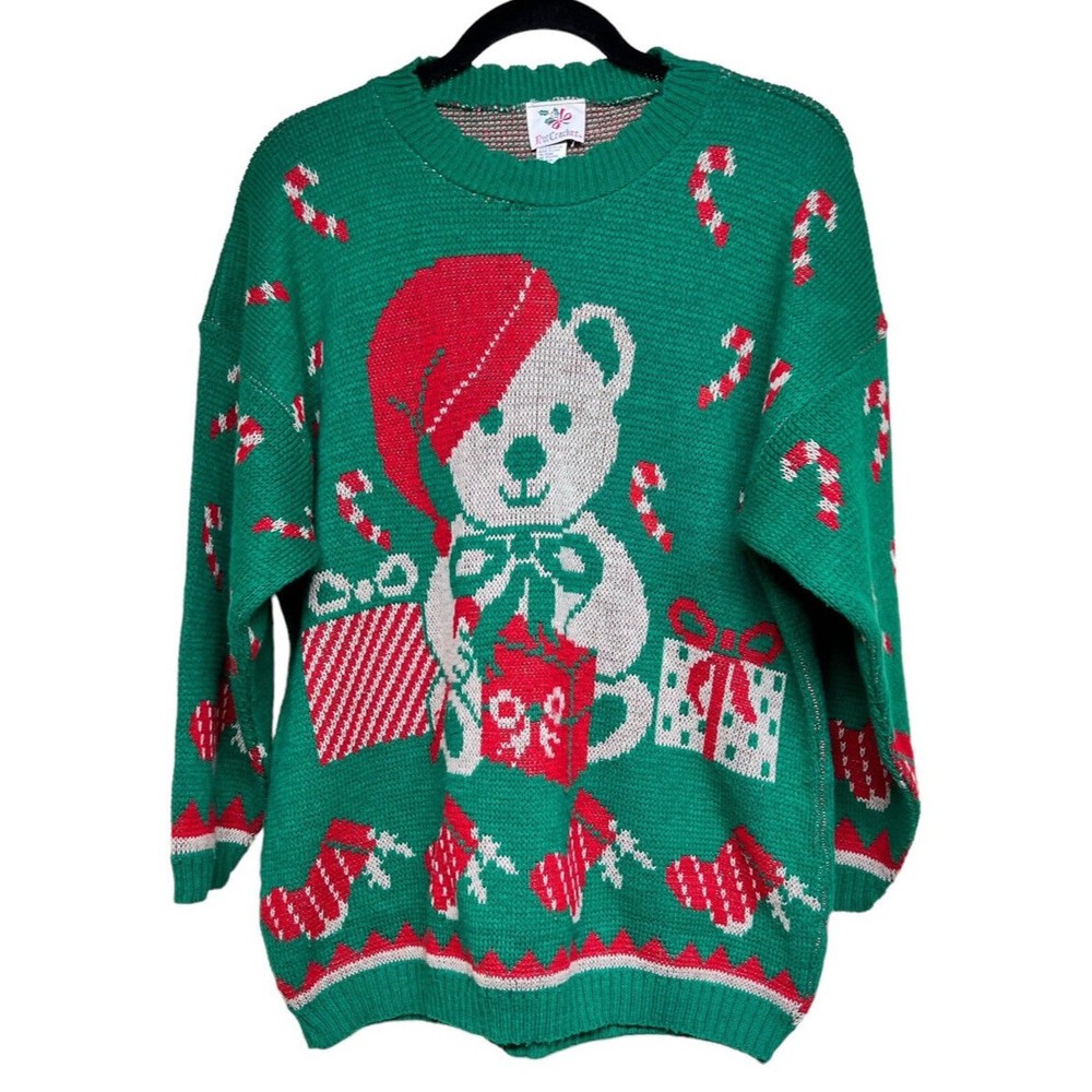 VTG Nutcracker Green Teddy Bear Santa Patterned Christmas Sweater Size 18W